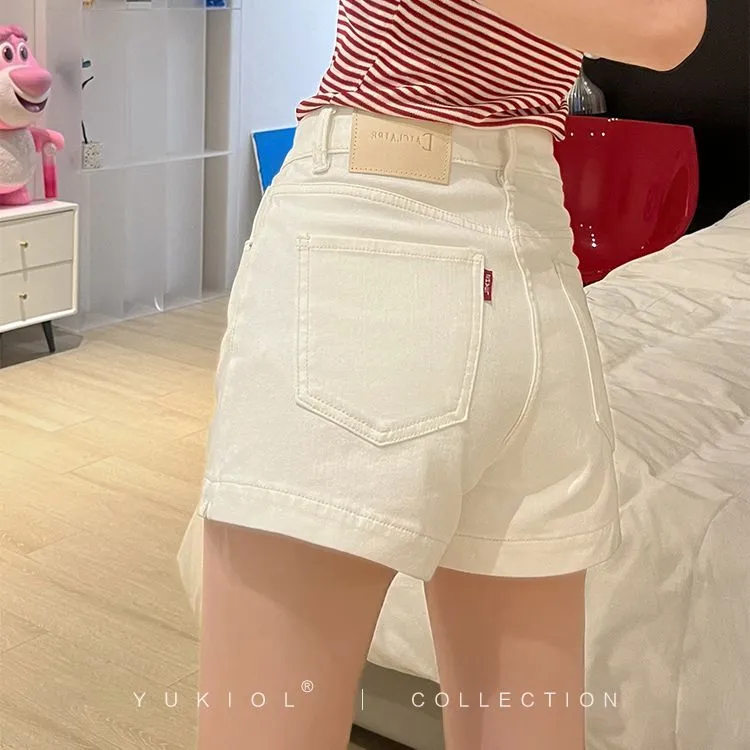 白色薄款牛仔短裤夏季新款弹力高腰宽松显瘦开叉外穿阔腿女款热裤