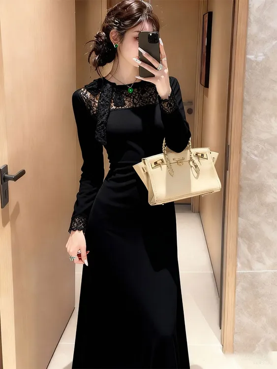 2025秋冬新款高级感系带蕾丝拼接黑色连衣裙女设计感气质显瘦长裙