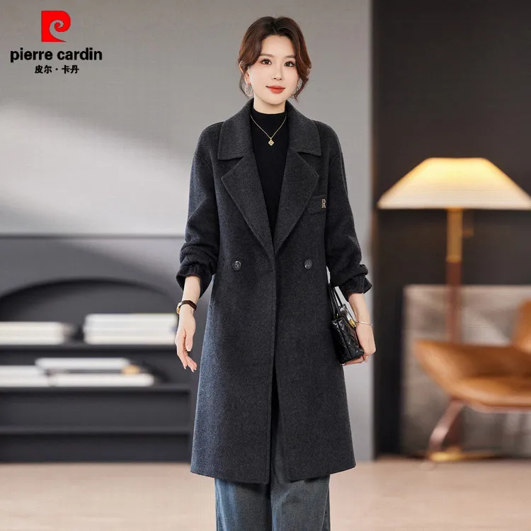 皮尔卡丹正品双面大衣中长款毛呢外套妈妈配羊绒钐年轻款中年昵子