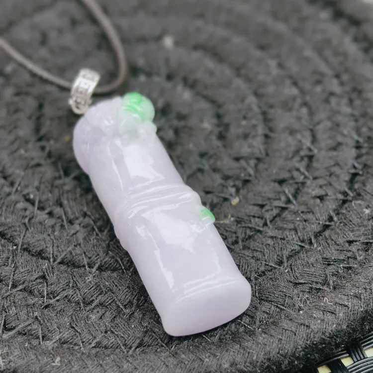 天然翡翠A货冰紫春彩竹节带叶吊坠百搭时尚