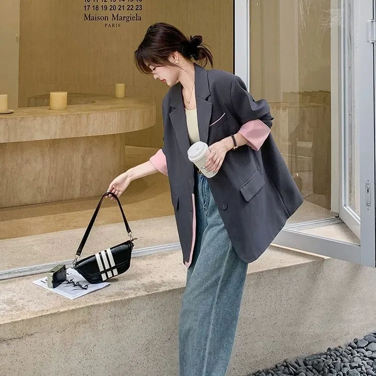 灰色时尚拼接撞色西装外套女春秋2025新款休闲宽松气质高级感西服