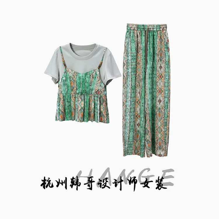 【韩哥女装】欧洲站设计师 绿色碎花拼接衬衫名族风套装7551