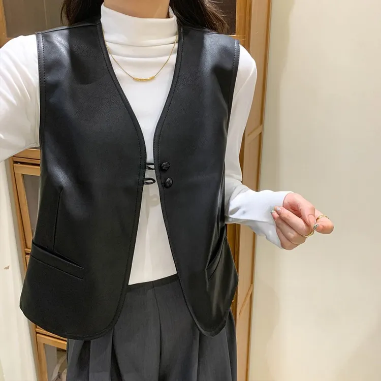 朋克风短款马夹皮衣外套女早秋薄款韩版百搭黑色pu皮马甲外搭背心