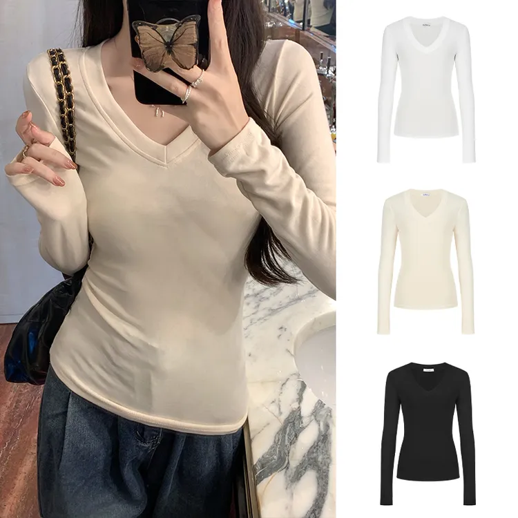 掐腰显身材V领长袖T恤显瘦百搭秋冬内搭打底衫女早秋正肩修身上衣