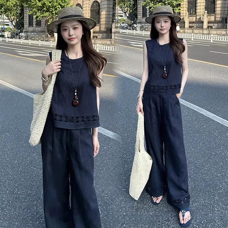 时尚套装女2025夏季新款时髦洋气减龄显瘦无袖上衣阔腿裤两件套潮