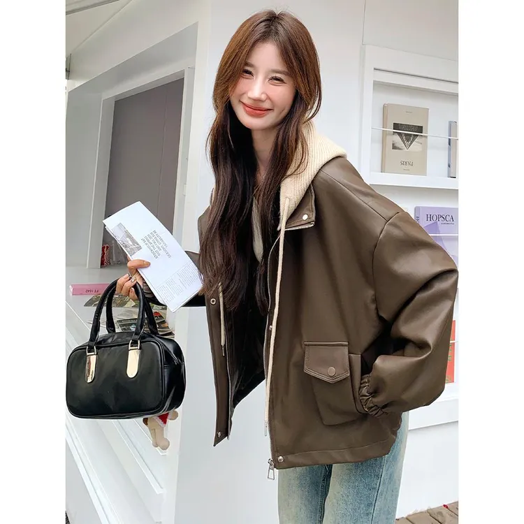 高级小众美式慵懒chic咖色连帽皮衣外套女春秋超火好看短夹克上衣