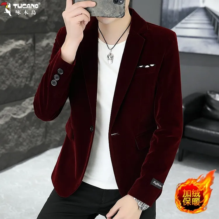 啄木鸟男士韩版加绒西服男秋冬季时尚休闲加厚小西装个性修身外套
