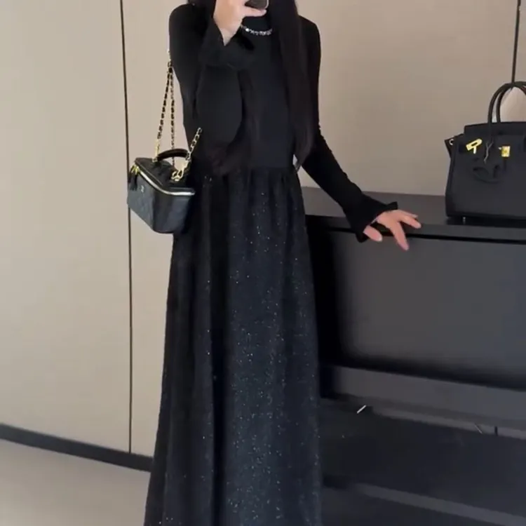 连衣裙女装小香风显瘦气质长裙时尚法式长袖黑色收腰拼接轻奢名媛