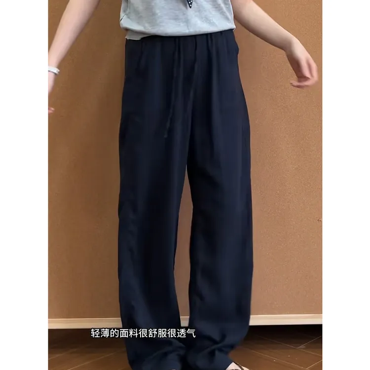藏青色亚麻阔腿裤慵懒高腰休闲裤夏季2025独特宽松超好看裤子