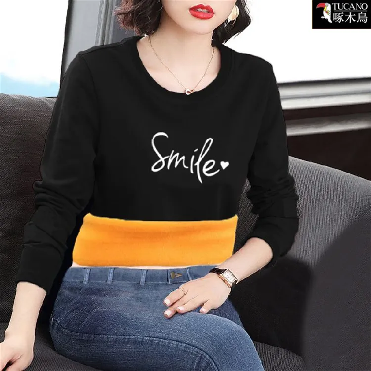 啄木鸟2025年秋冬加绒长袖圆领T恤新款内搭显瘦女士减龄印花上衣