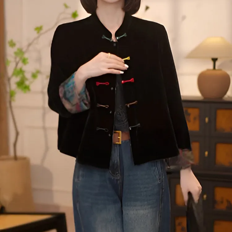 新中式两面穿盘扣黑色丝绒短外套女高级感轻奢显瘦宽松立领上衣