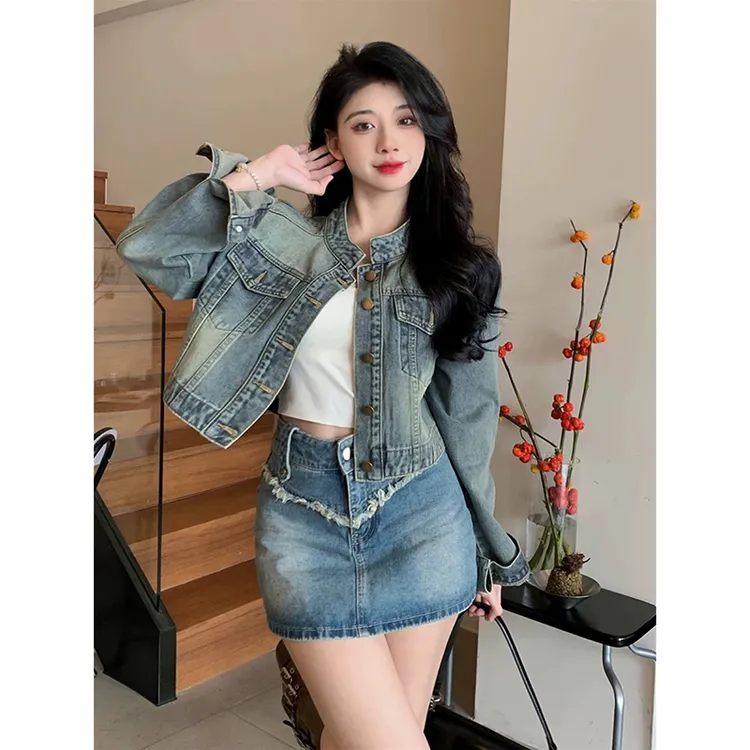 复古立领短款牛仔外套女春季2025港味设计感宽松时尚长袖小个子