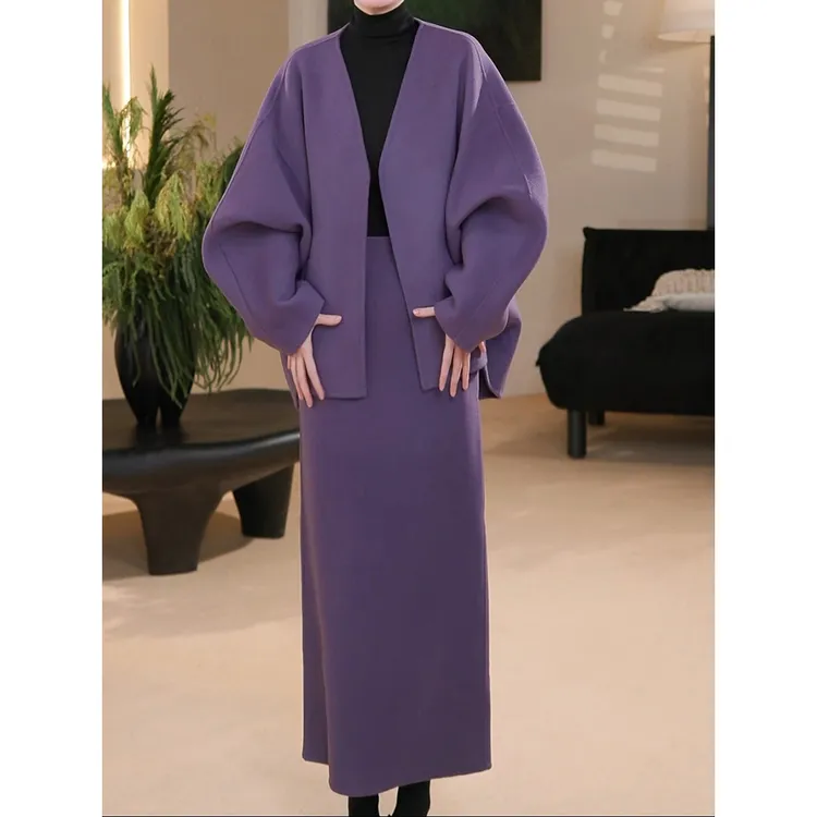 高档时髦洋气纯色套装2025冬季新款宽松简约大气毛呢外套+半身裙