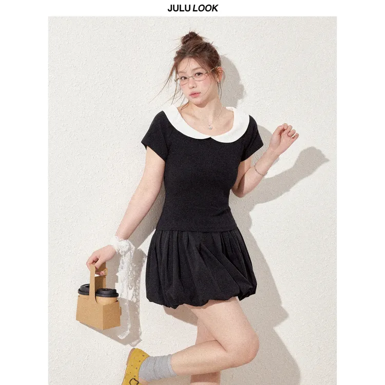 巨鹿工作室“甜心黑巧”微胖mm减龄撞色娃娃领显瘦短袖t/花苞短半裙