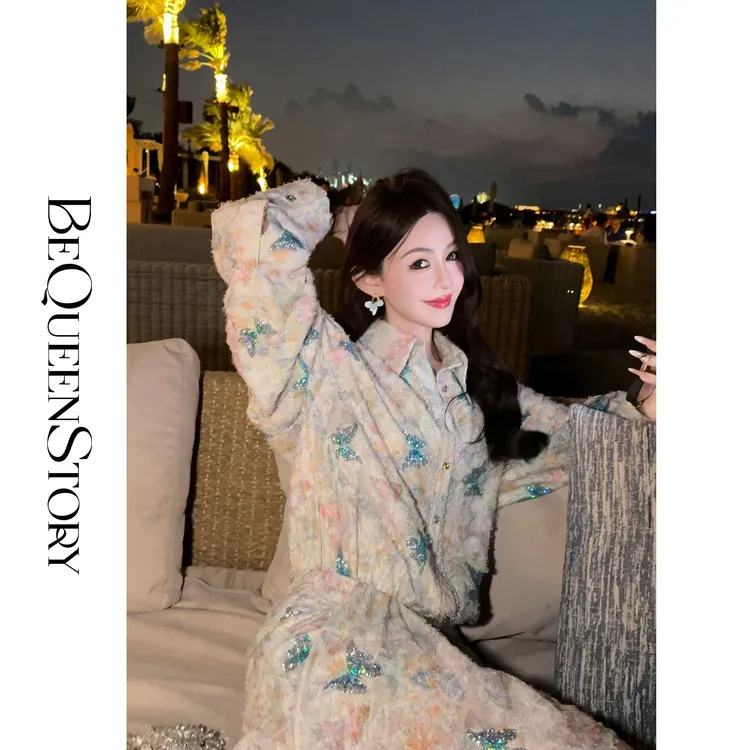 余潇潇【莫奈蝴蝶】2025重工剪花拉毛亮片蝴蝶绣花衬衫