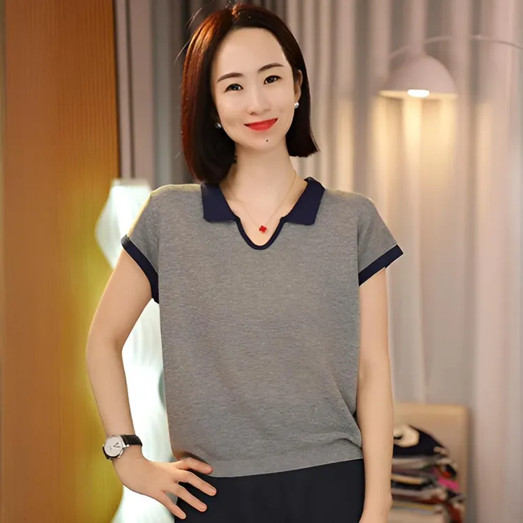 天丝苎麻POLO领拼色针织衫减龄时尚翻领T恤百搭夏季上衣预