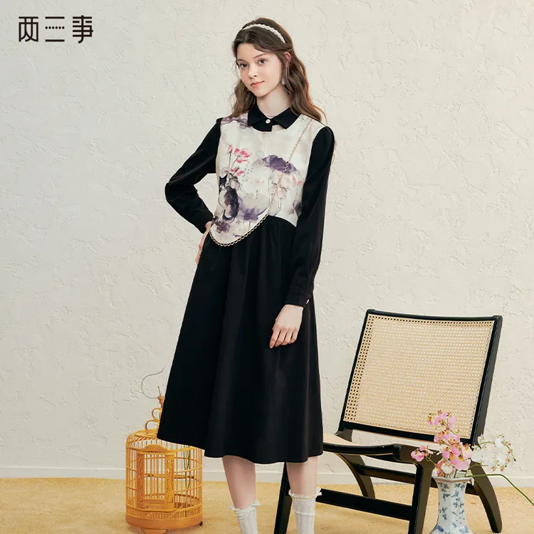 两三事素影怜烟2025春季新款新中式水墨印花拼接假两件系带连衣裙