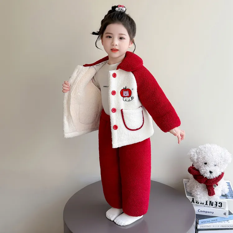 女童珊瑚绒睡衣儿童冬款开衫家居服加绒加厚保暖套装宝宝冬季女孩