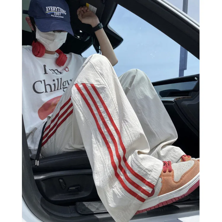 美式条纹速干休闲裤子男夏季薄款冰丝凉感高街痞帅宽松直筒阔腿裤