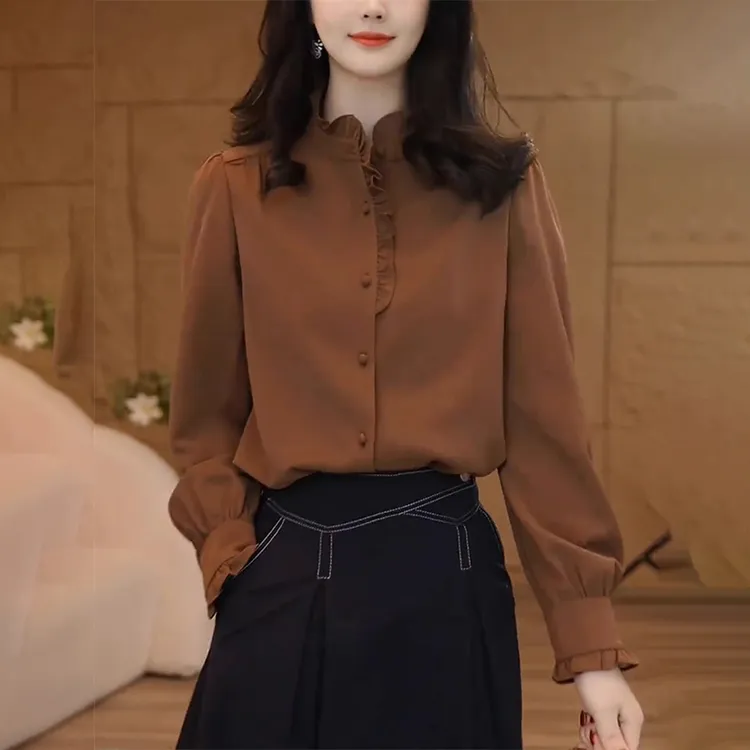 洋气小众木耳边立领长袖衬衫女春秋气质减龄宽松显瘦百搭开衫上衣
