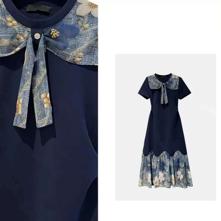 海军薄款法式蓝色优雅短袖夏季女装潮牌