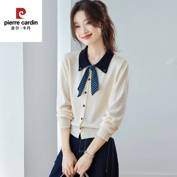 皮尔卡丹学院风2025年秋季新款针织衫上衣2025年女装娃娃领开衫漂