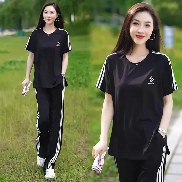 运动套装女夏季胖妹妹宽松藏肉上衣时尚休闲洋气减龄阔腿裤两件套