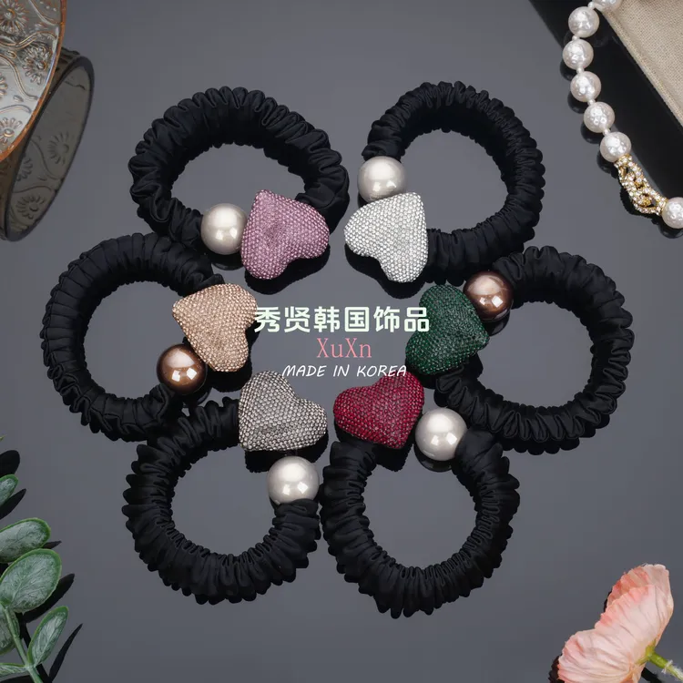 韩国满钻桃心弹力缎发圈气质百搭黑色发绳简约韩版高弹力头绳ins