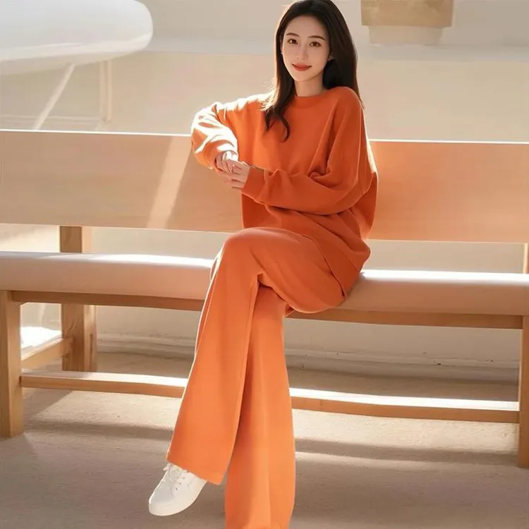 韩版时尚气质圆领纯色卫衣长裤女装2025春秋新款春秋搭配一整套装