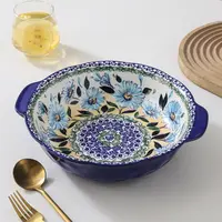 蓝花朵10英寸双耳汤盆釉下彩陶瓷餐具