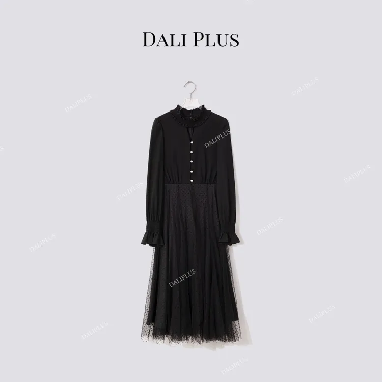 DALI PLUS黑植绒波点连衣裙”醋酸系带蝴蝶结收腰连衣裙-D5ST1382