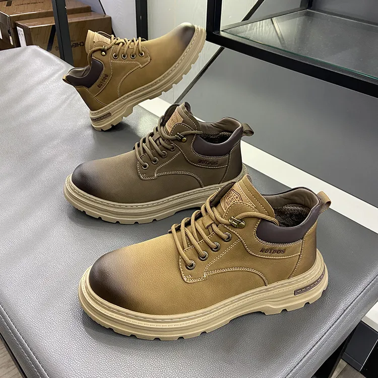 秋冬英伦风加绒保暖二棉鞋男鞋百搭高帮大黄靴休闲潮流擦色马丁鞋