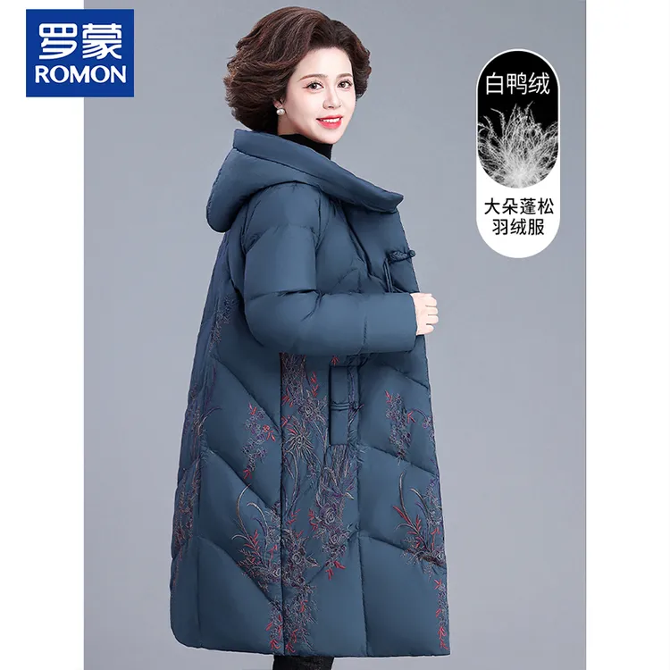 罗蒙洋气妈妈冬装羽绒服长款时尚中老年女花色过膝厚外套宽松休闲