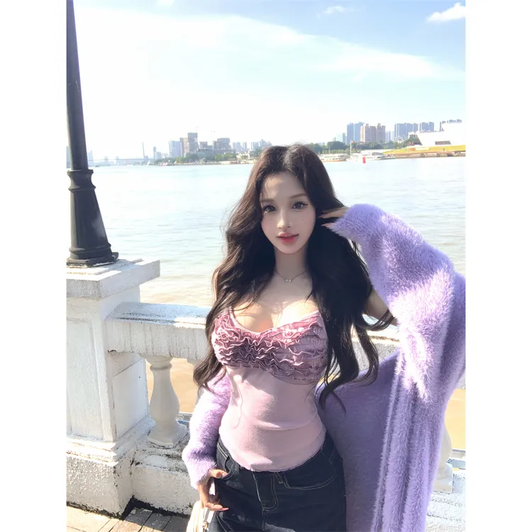 法式纯欲木耳边内搭吊带背心女装秋季软糯连帽长袖针织开衫两件套