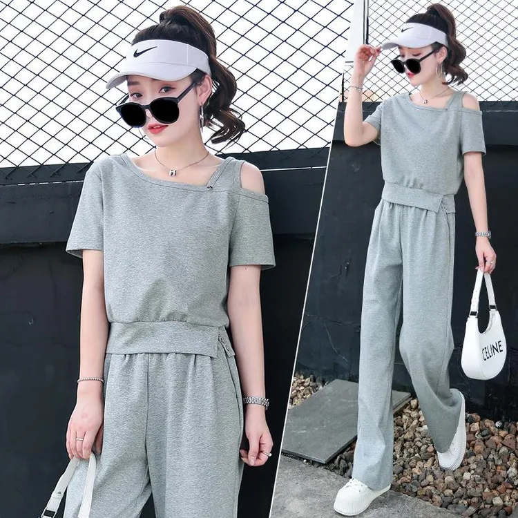 运动时尚露肩短袖阔腿裤套装女夏季2025年新款时尚洋气时髦两件套