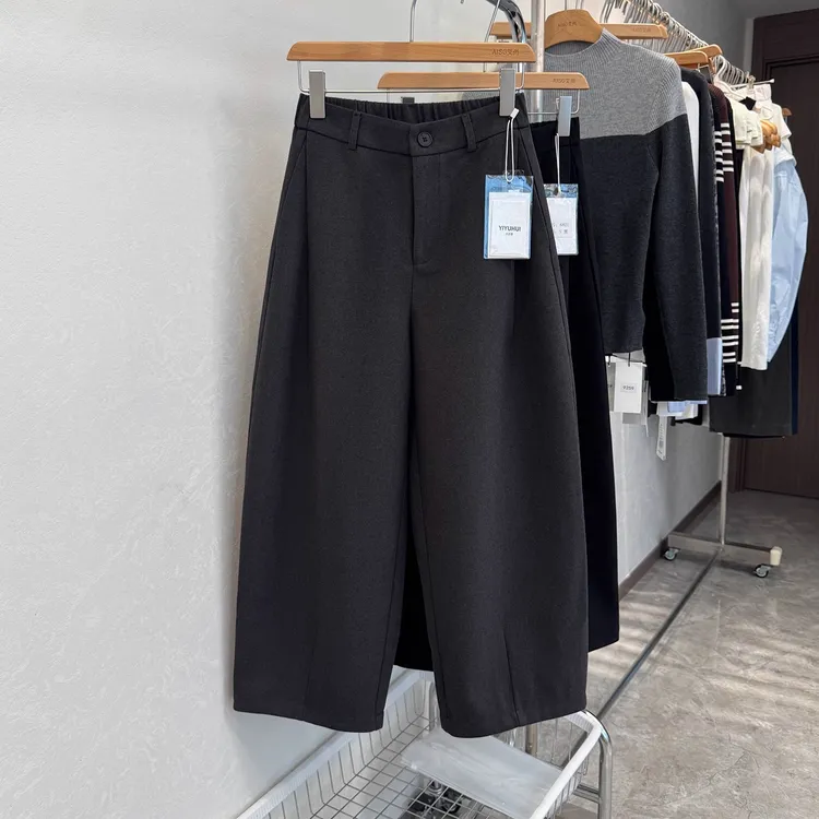毛呢西装裤高端九分阔腿裤女气球裤高腰半松紧2025秋冬新款西装裤
