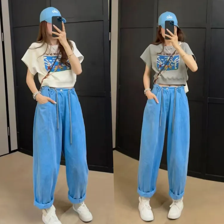 FRVXO【摩登风情】印花圆领套头蝙蝠袖上衣时尚抽绳哈伦牛仔裤套装