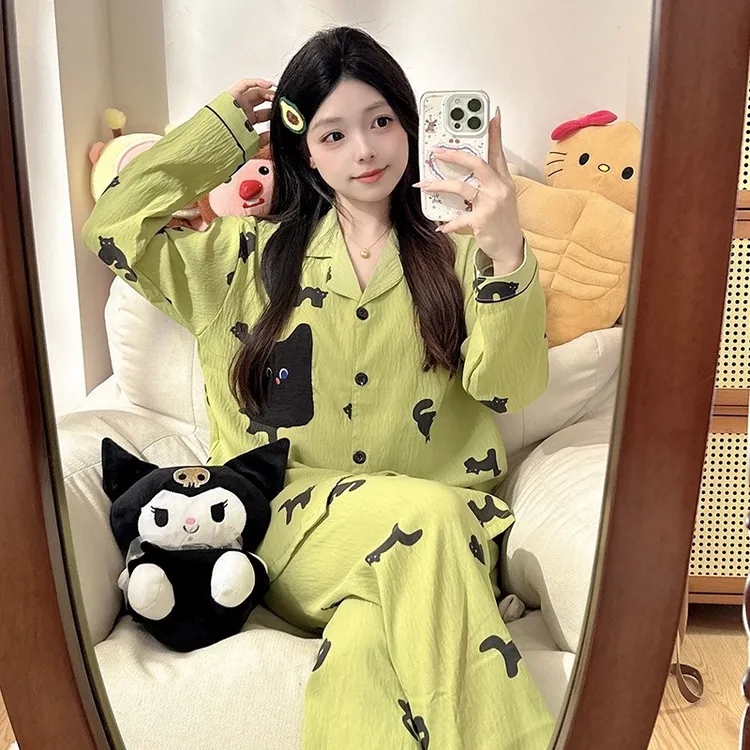 可爱撞色小黑猫翻领睡衣女春秋季长袖长裤薄款休闲外穿家居服套装