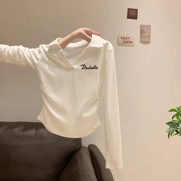 纯色字母印花Polo领长袖T恤早秋新款褶皱修身显瘦时尚正肩上衣女