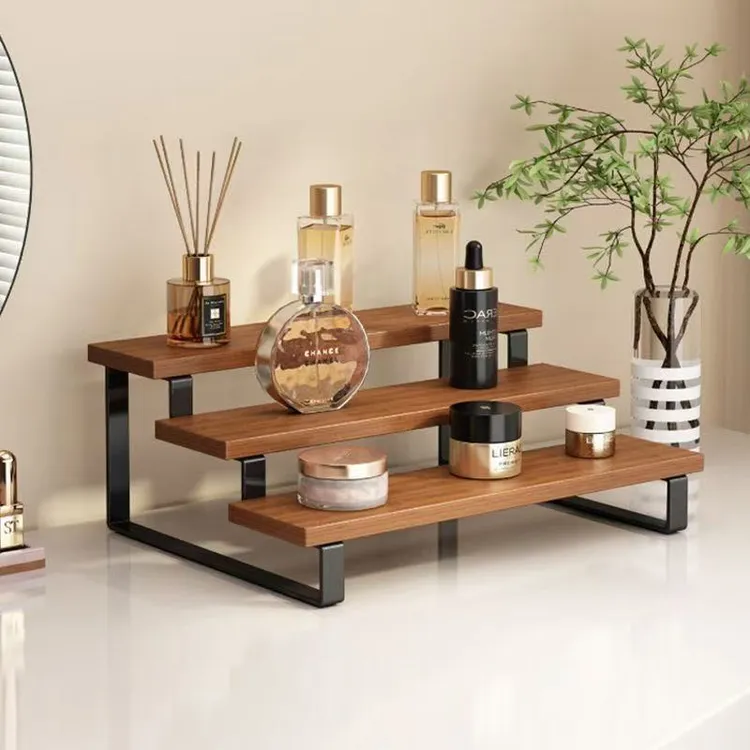 首饰展示架 手镯手串花盆文玩桌上铁木结合阶梯式展示架手办玩具