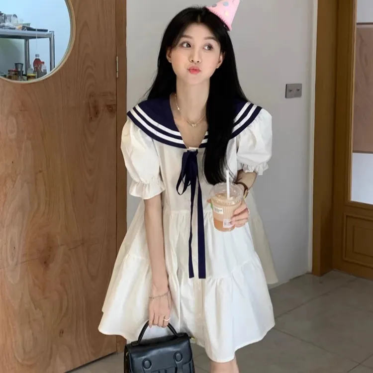 海军领连衣裙女夏季2025新款甜美学院风收腰显瘦小众短袖A字裙子