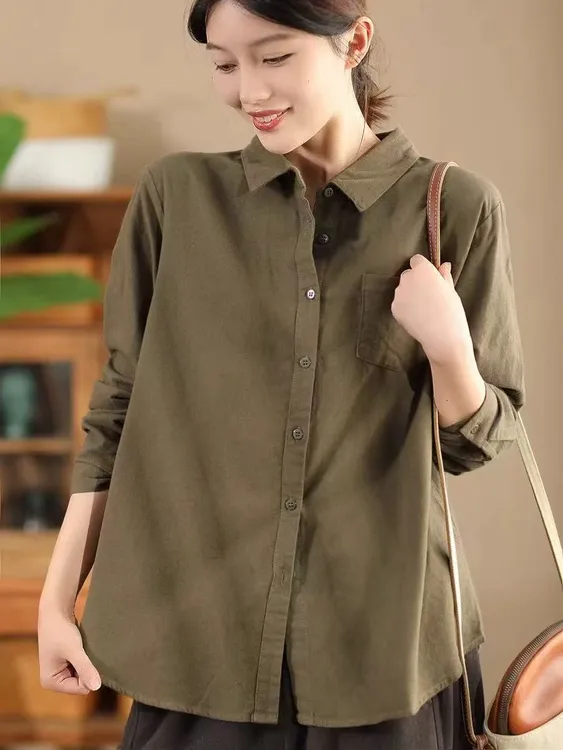 2025新款磨毛衬衫纯色秋冬内搭纯棉休闲时尚复古韩版长袖衬衫8832