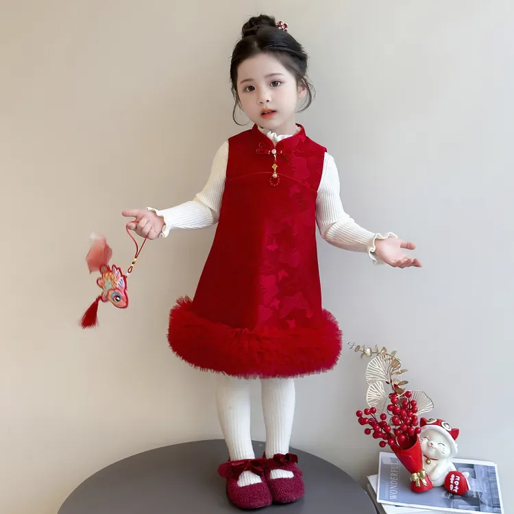 女童新中式旗袍裙秋冬拜年服儿童洋气国风女宝宝红色公主新年衣服