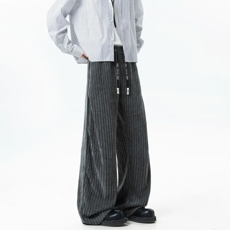 美式高街秋宽松oversize鱼骨纹直筒卫衣高级感痞帅黑白潮牌长裤子