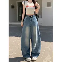 美式复古高腰直筒阔腿弯刀牛仔裤女2025春装新款宽松马蹄拖地长裤