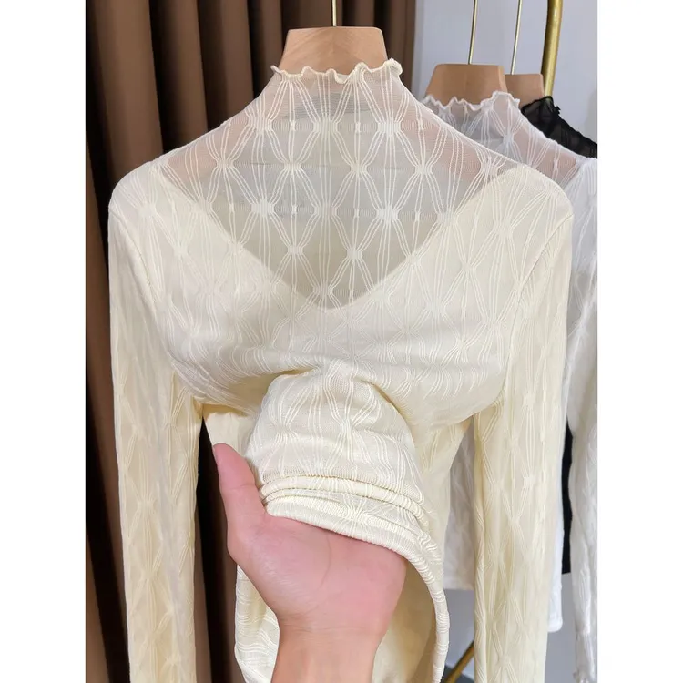 秋冬半高领蕾丝打底衫女加厚2025新款高级感网纱叠穿内搭小衫