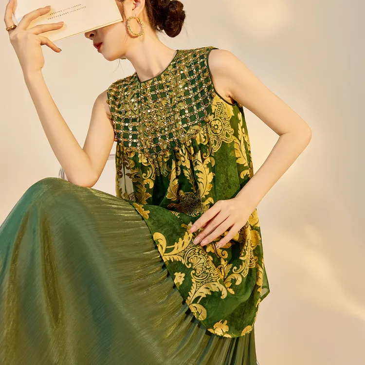 新中式圆领复古珠片设计人丝无袖长裙国风拼接气质连衣裙女 N6041