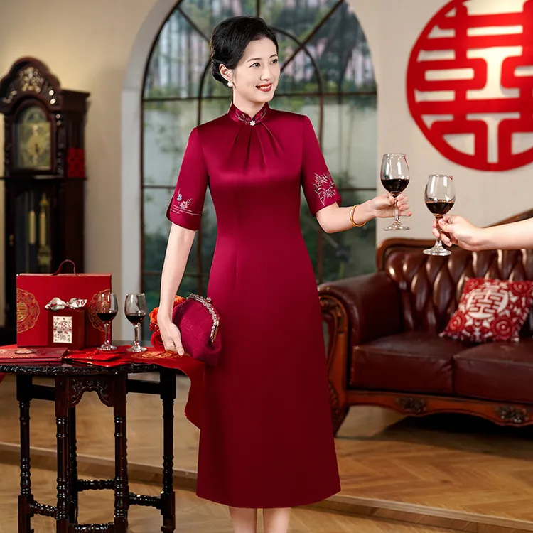 2025新（多色）重磅醋酸苏绣改良旗袍喜妈妈婆婆婚宴礼服高贵典雅L