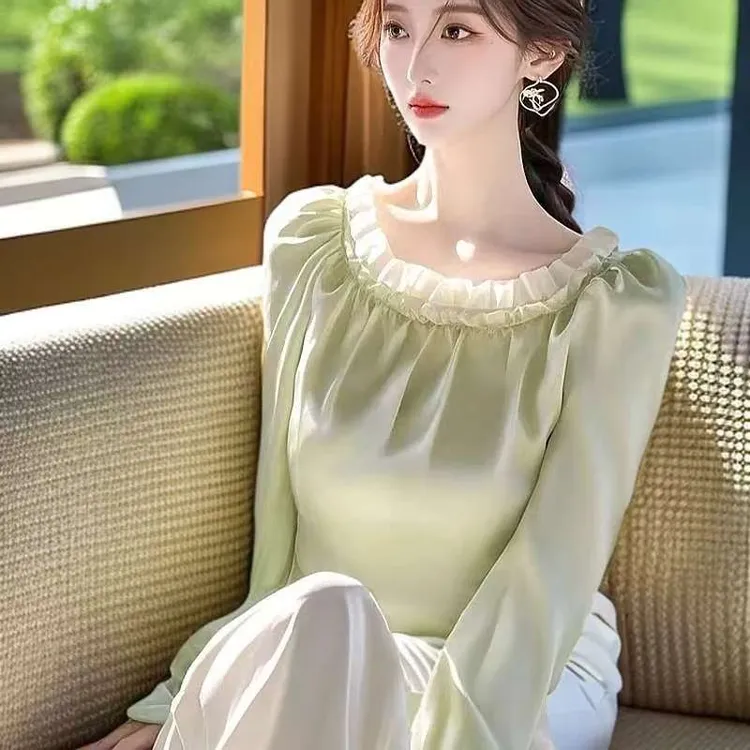 法式轻奢圆领木耳花边长袖缎面衬衫女春季设计感气质独特修身上衣