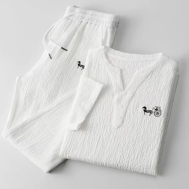 新款休闲夏季中国短袖高端刺绣套装薄款成熟冰丝男士高档两件套装